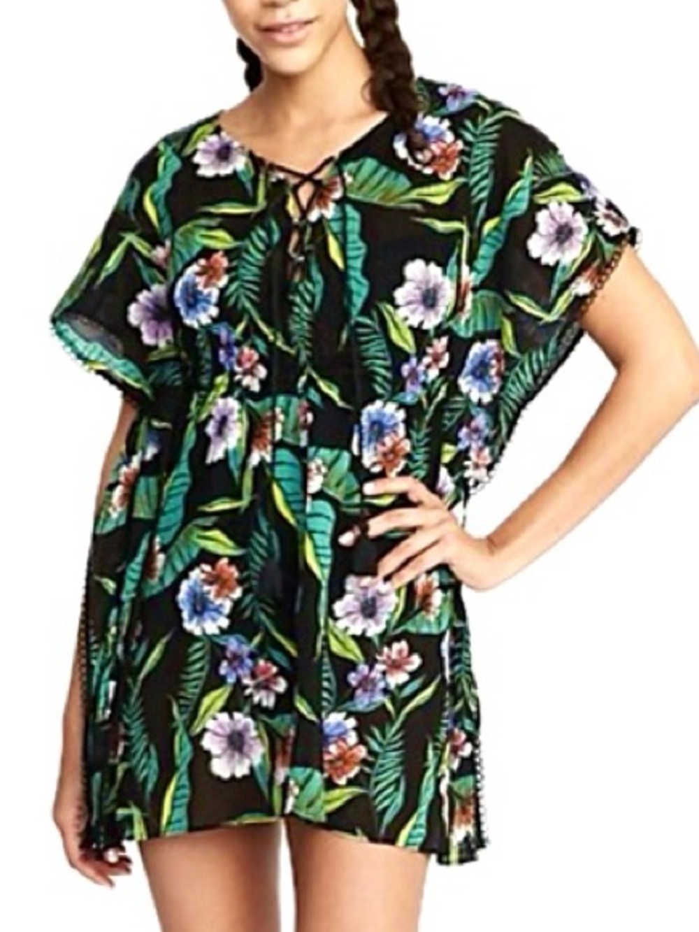 Old Navy Hawaiian Floral Swim Cover Up Size Large Black Colorful Swim Tunic Top